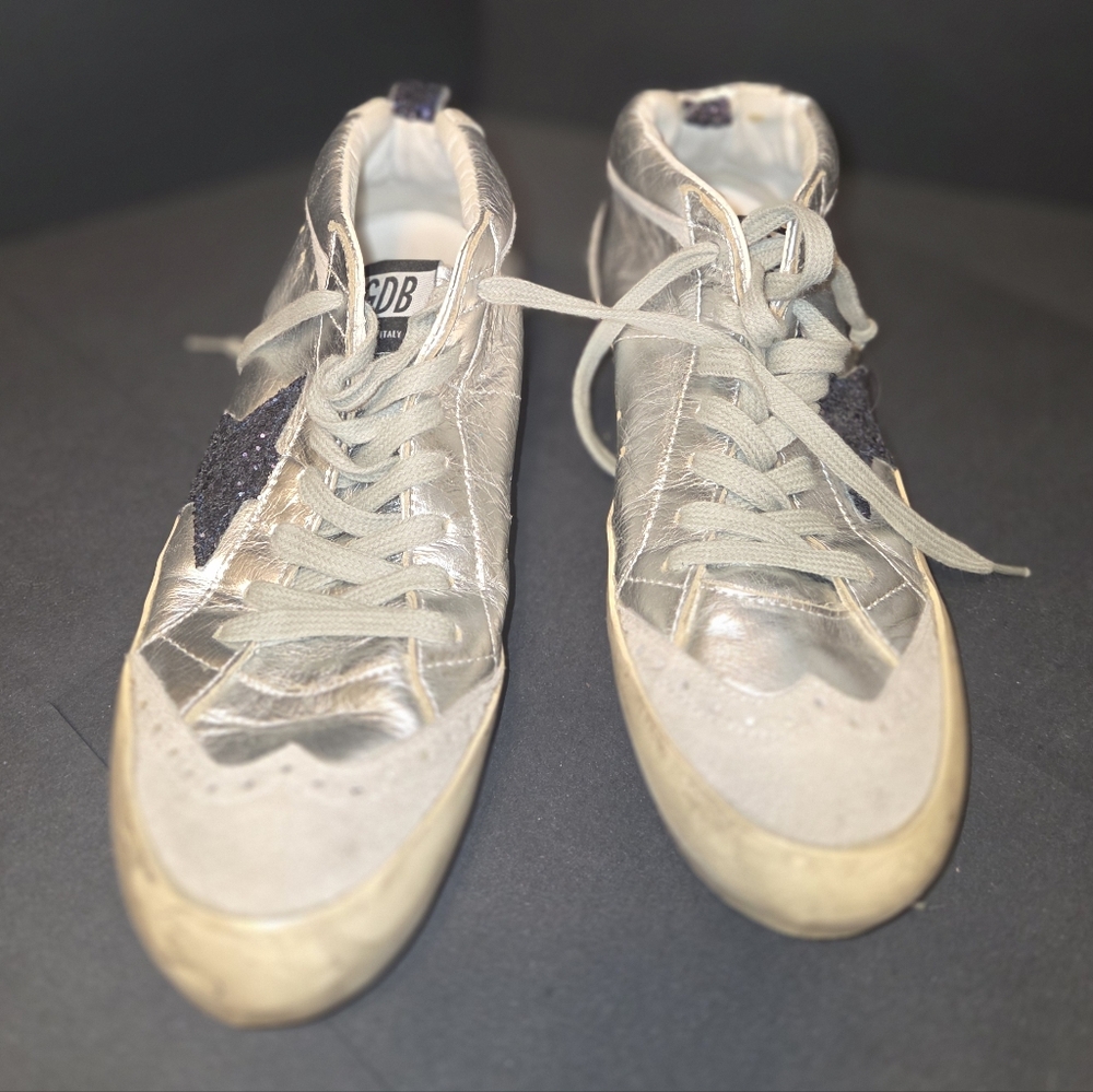 Golden Goose Silver Mid-Star Sneakers with Purple Glitter